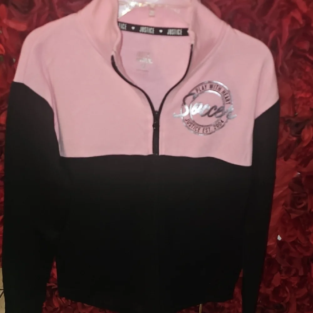 Justice Pink and Black Logo Soccer Zip Up Pullover Sweatshirt Size 12